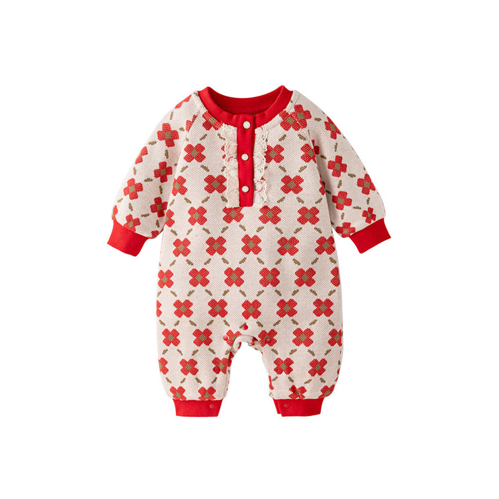 MyKids-USA® Baby Girl Red Floral Knitted Home Clothes Crew Neck Romper