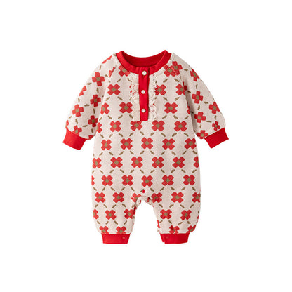 MyKids-USA® Baby Girl Red Floral Knitted Home Clothes Crew Neck Romper