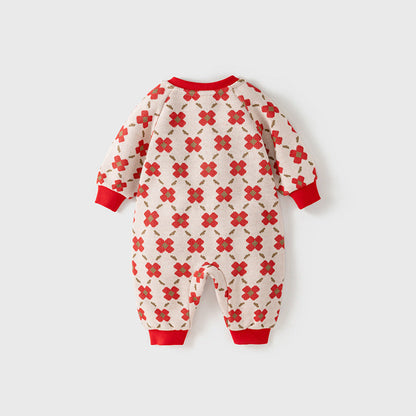 MyKids-USA® Baby Girl Red Floral Knitted Home Clothes Crew Neck Romper