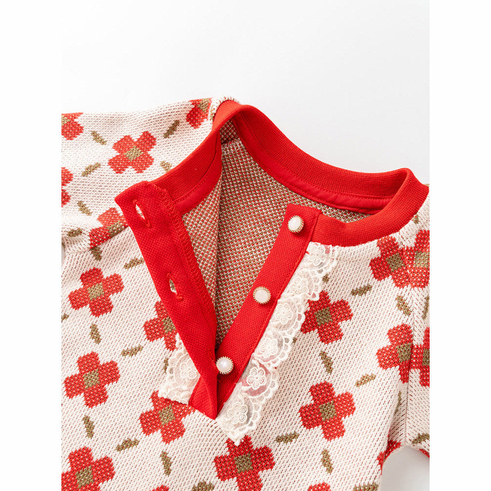 MyKids-USA® Baby Girl Red Floral Knitted Home Clothes Crew Neck Romper