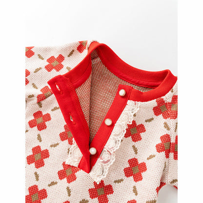 MyKids-USA® Baby Girl Red Floral Knitted Home Clothes Crew Neck Romper
