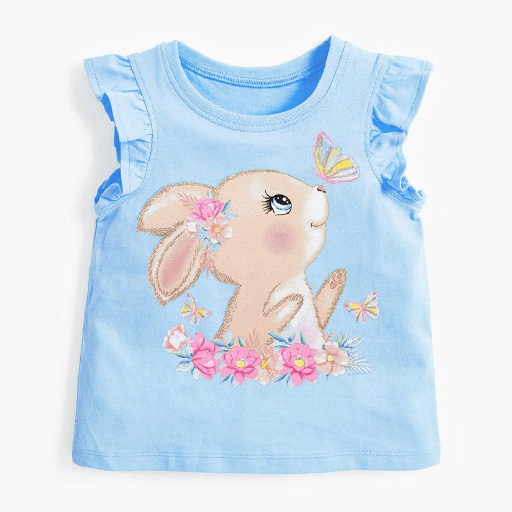 MyKids-USA® Crew Neck Rabbit Cartoon Print Ruffle Sleeveless Girls’ T-Shirt