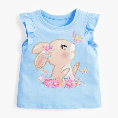 MyKids-USA® Crew Neck Rabbit Cartoon Print Ruffle Sleeveless Girls’ T-Shirt