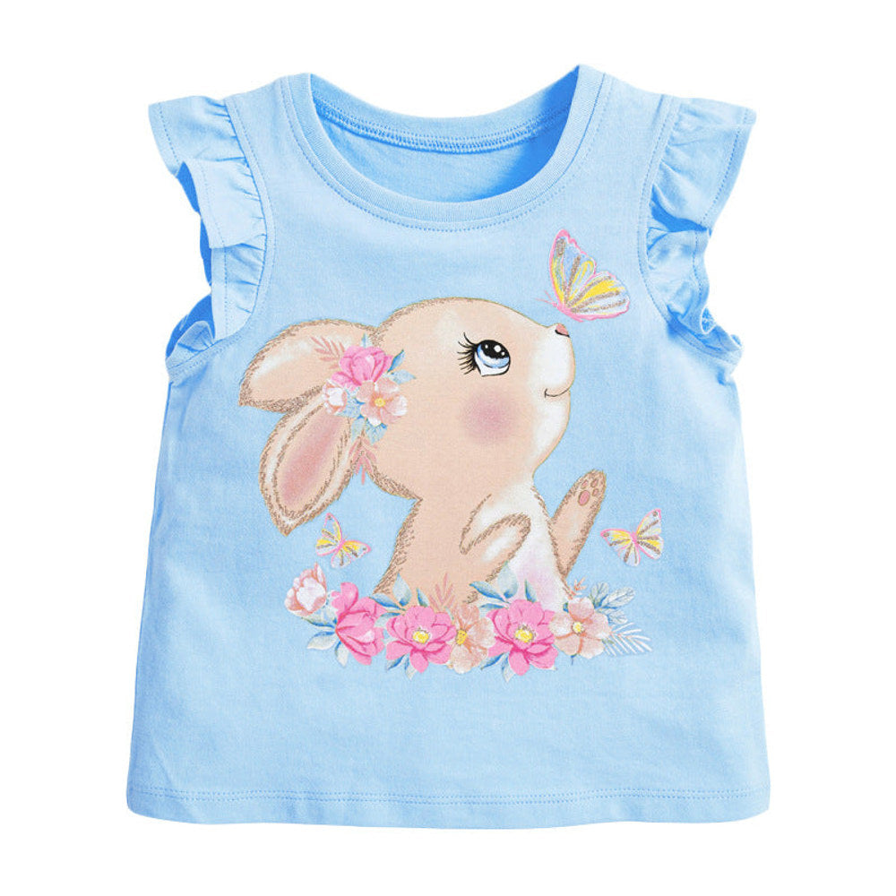 MyKids-USA® Crew Neck Rabbit Cartoon Print Ruffle Sleeveless Girls’ T-Shirt