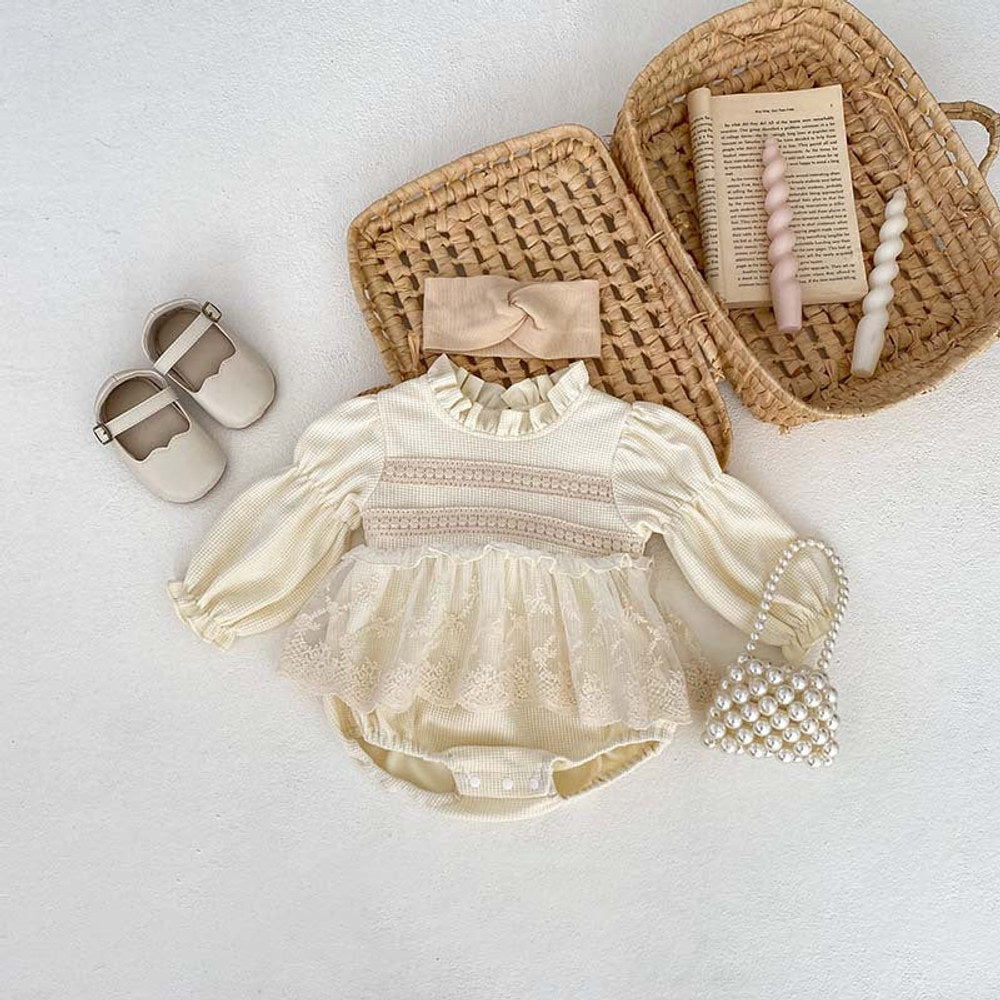 MyKids-USA® Baby Girls Long Sleeves Embroidery Lace Trim bodysuit