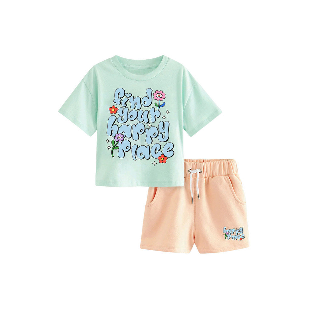 MyKids-USA® Baby And Kids Girls Floral Words Print Top And Shorts Casual Clothing Set