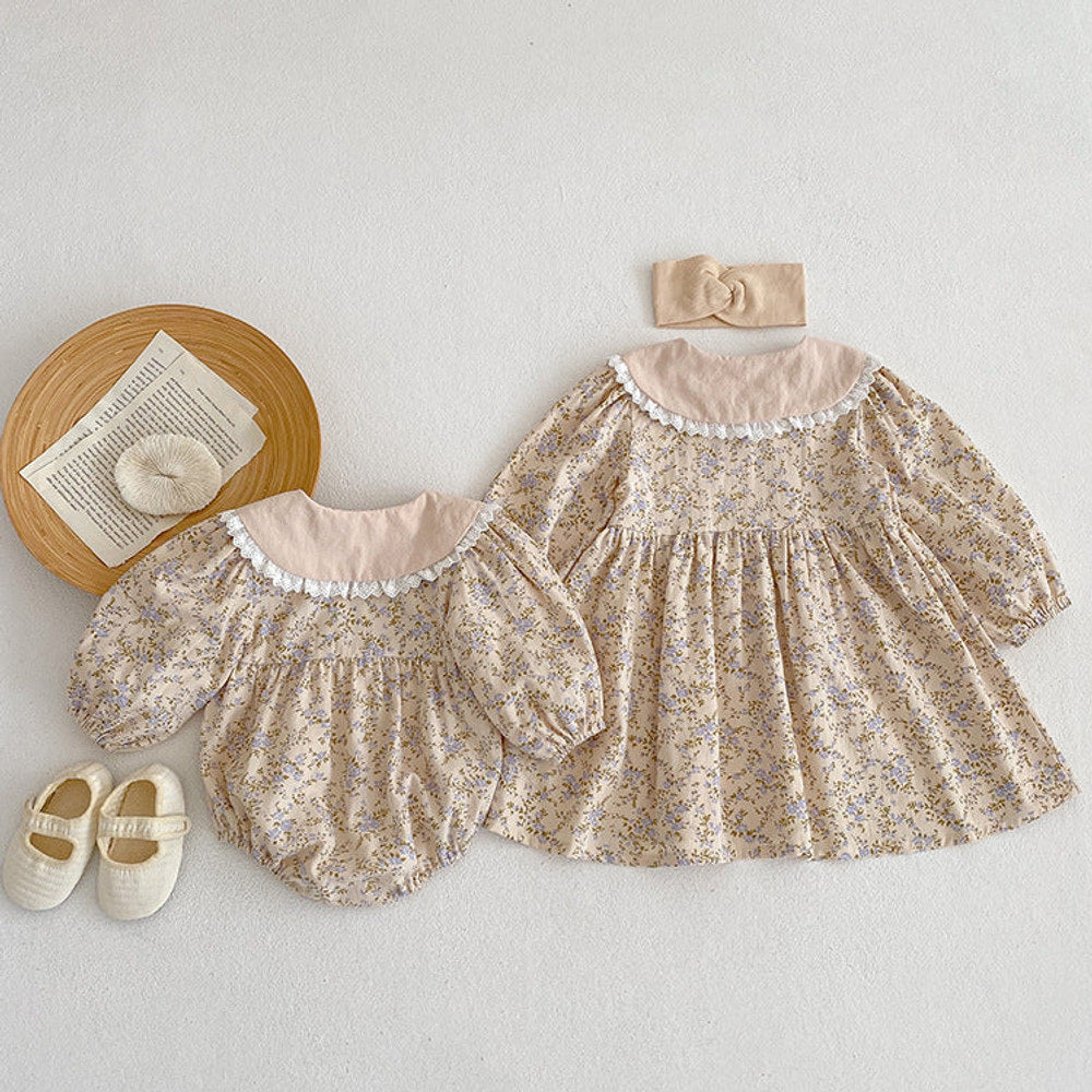 MyKids-USA® Floral Adorable Baby Turndown Lace Trim Collar bodysuit And Girls’ Dress – Princess Sister Matching Set