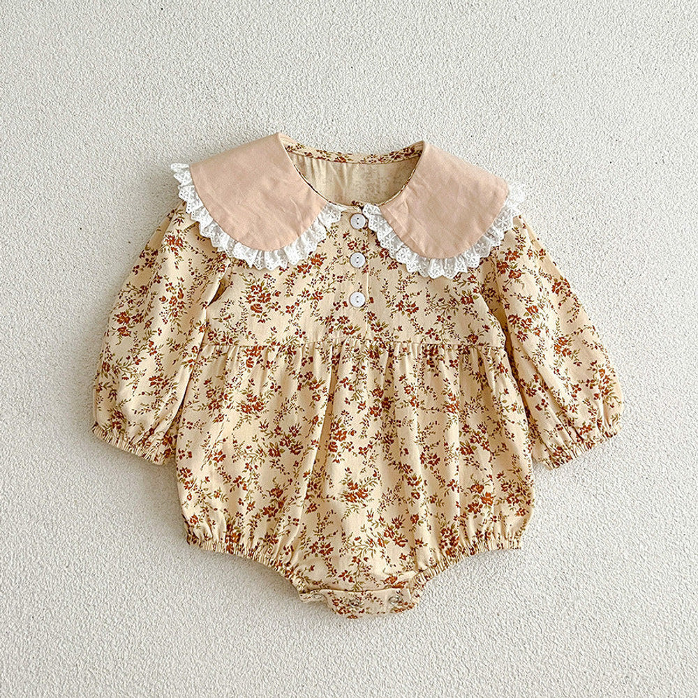 MyKids-USA® Floral Adorable Baby Turndown Lace Trim Collar bodysuit And Girls’ Dress – Princess Sister Matching Set