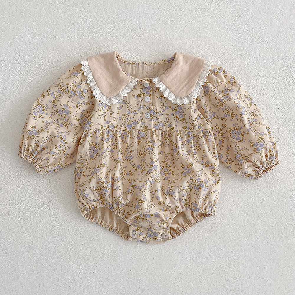 MyKids-USA® Floral Adorable Baby Turndown Lace Trim Collar bodysuit And Girls’ Dress – Princess Sister Matching Set