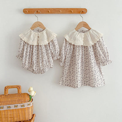 MyKids-USA® Floral Adorable Baby Embroidery Doll Collar bodysuit And Girls’ Dress – Princess Sister Matching Set