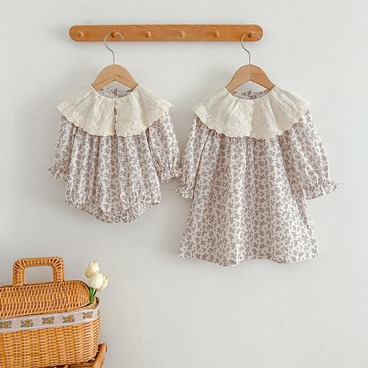 MyKids-USA® Floral Adorable Baby Embroidery Doll Collar bodysuit And Girls’ Dress – Princess Sister Matching Set