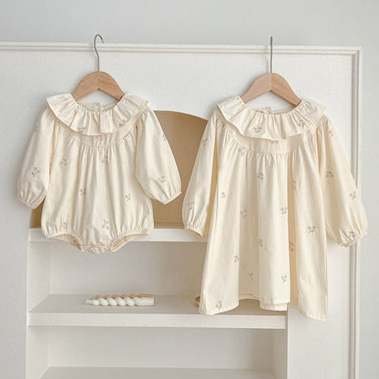 MyKids-USA® Floral Baby Ruffle Neck bodysuit And Girls’ Dress – Princess Sister Matching Set