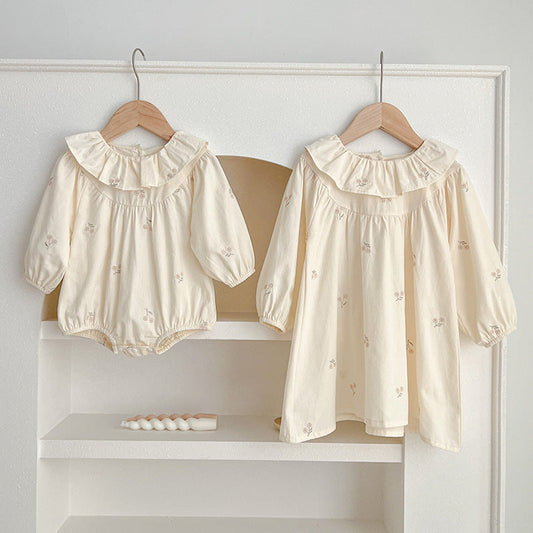 MyKids-USA® Floral Baby Ruffle Neck bodysuit And Girls’ Dress – Princess Sister Matching Set