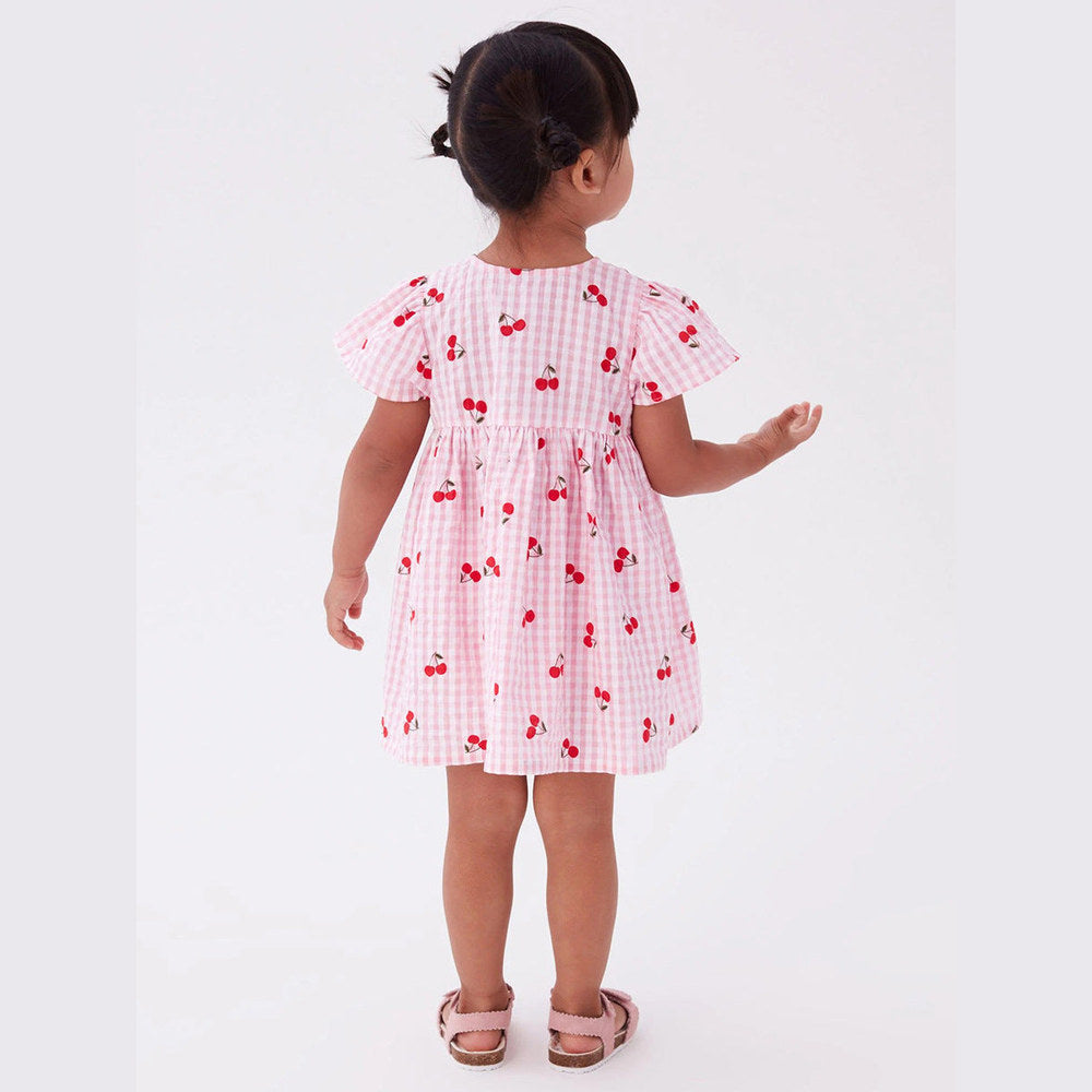 MyKids-USA® Baby Girls Crew Neck Plaid Cherry Print Short Sleeves Dress
