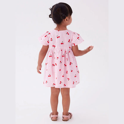 MyKids-USA® Baby Girls Crew Neck Plaid Cherry Print Short Sleeves Dress
