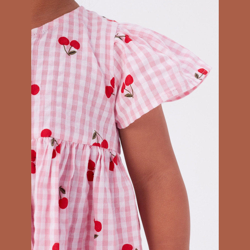MyKids-USA® Baby Girls Crew Neck Plaid Cherry Print Short Sleeves Dress