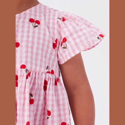 MyKids-USA® Baby Girls Crew Neck Plaid Cherry Print Short Sleeves Dress