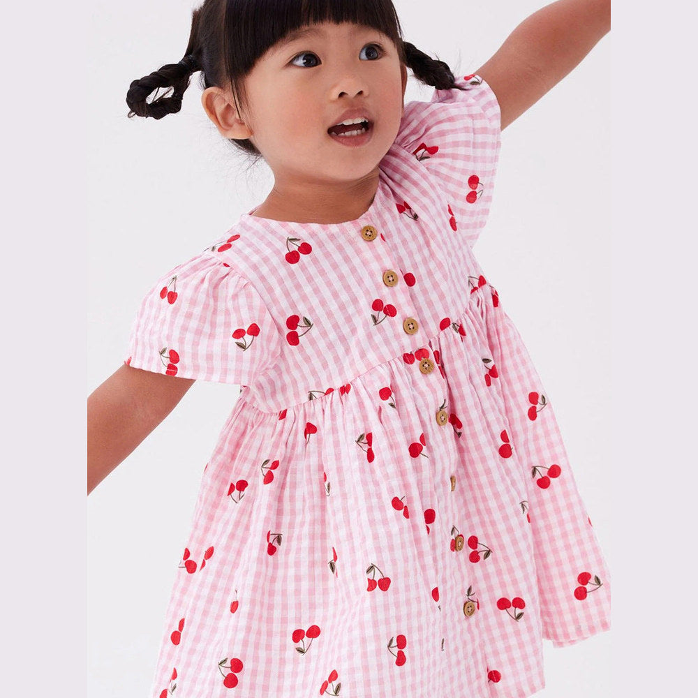 MyKids-USA® Baby Girls Crew Neck Plaid Cherry Print Short Sleeves Dress