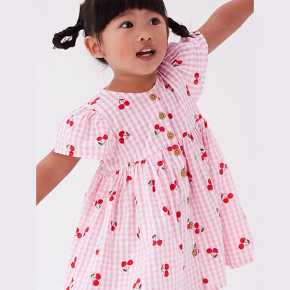 MyKids-USA® Baby Girls Crew Neck Plaid Cherry Print Short Sleeves Dress