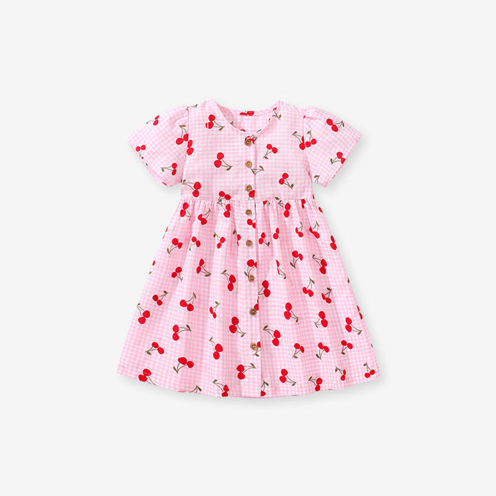 MyKids-USA® Baby Girls Crew Neck Plaid Cherry Print Short Sleeves Dress