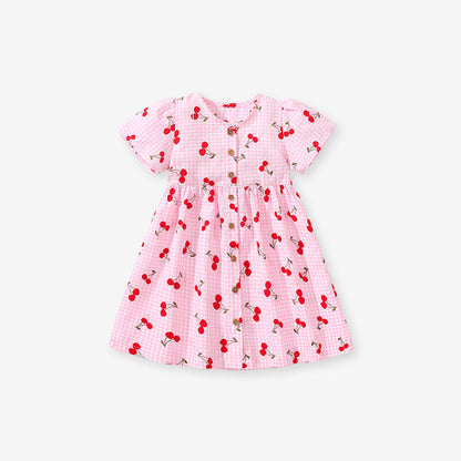 MyKids-USA® Baby Girls Crew Neck Plaid Cherry Print Short Sleeves Dress