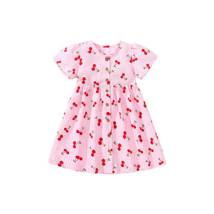 MyKids-USA® Baby Girls Crew Neck Plaid Cherry Print Short Sleeves Dress