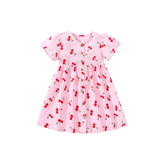 MyKids-USA® Baby Girls Crew Neck Plaid Cherry Print Short Sleeves Dress