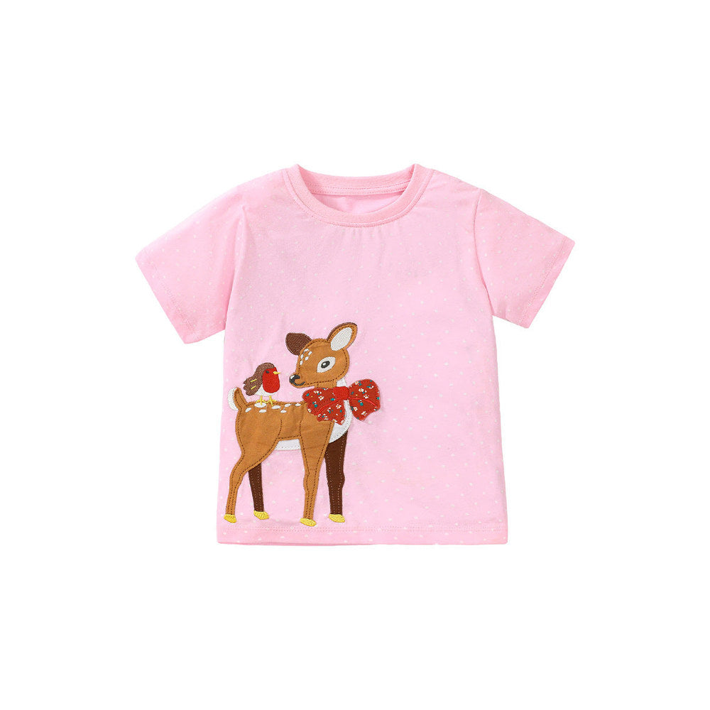MyKids-USA® Crew Neck Girls Deer And Bird Pattern T-Shirt In European And American Style