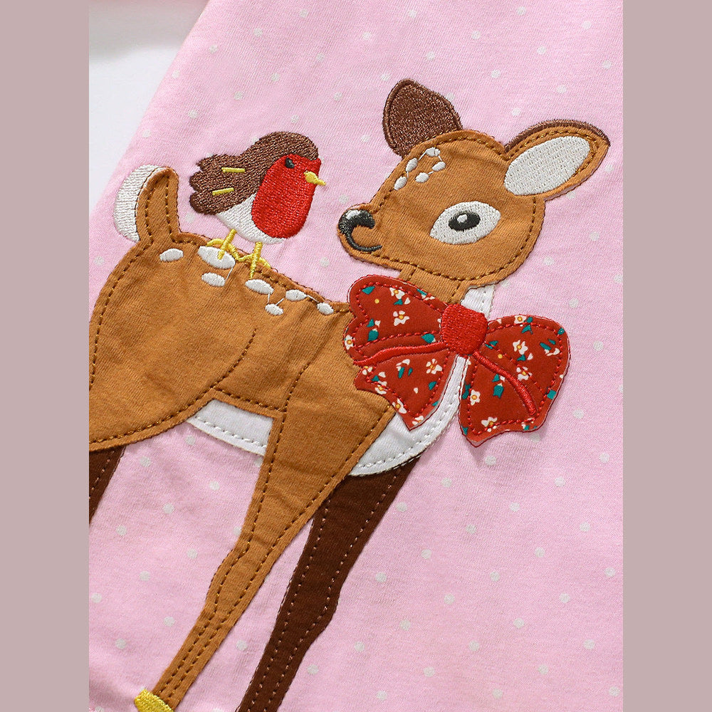 MyKids-USA® Crew Neck Girls Deer And Bird Pattern T-Shirt In European And American Style