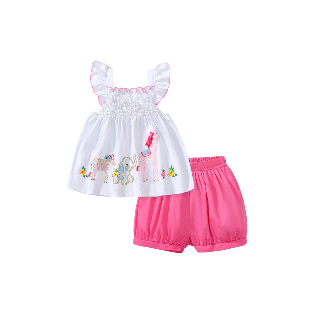 MyKids-USA® Girls Animals Cartoon Pattern Dress And Pink Shorts Set