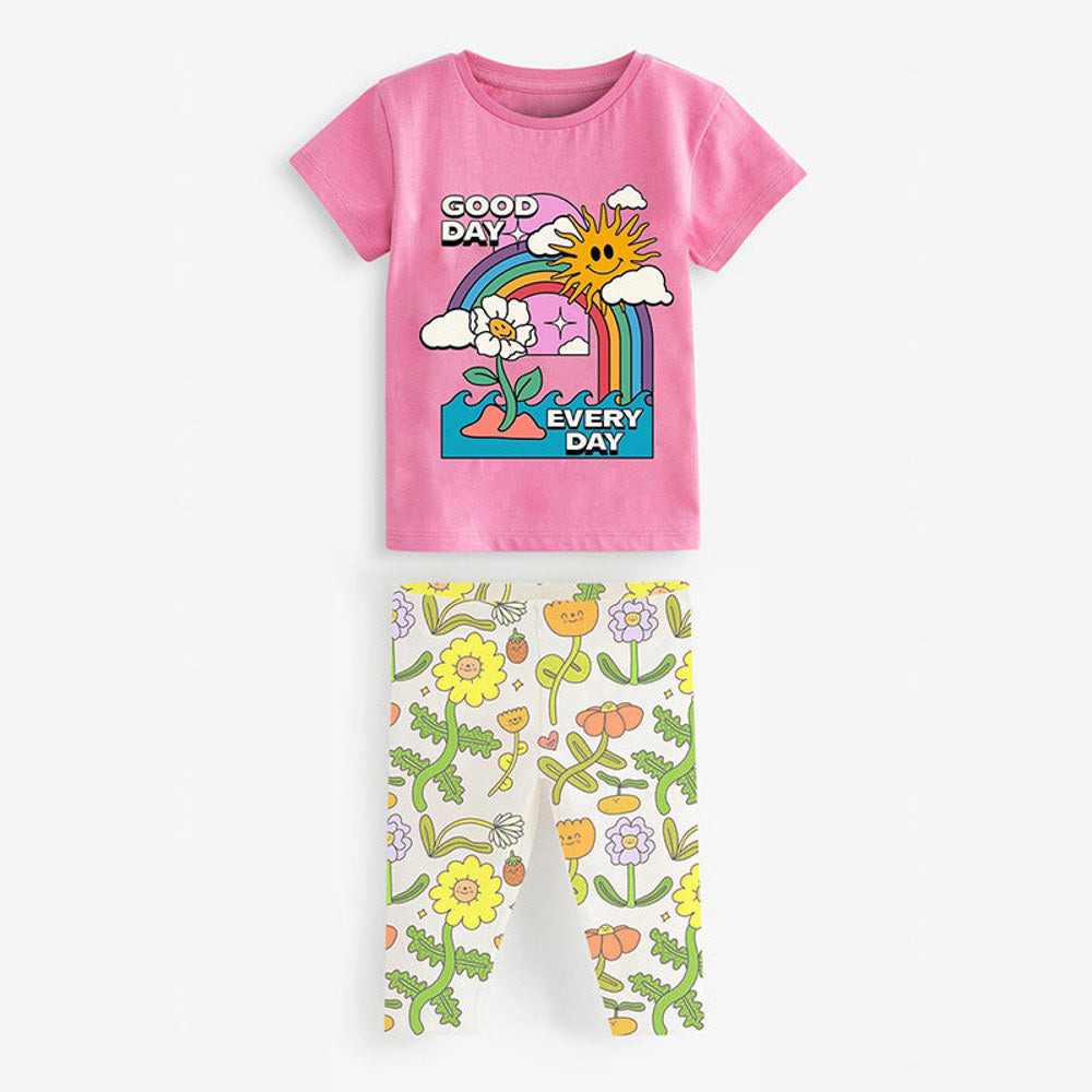 MyKids-USA® Girls Sunny Day Cartoon T-Shirt And Floral Capri Pants Set