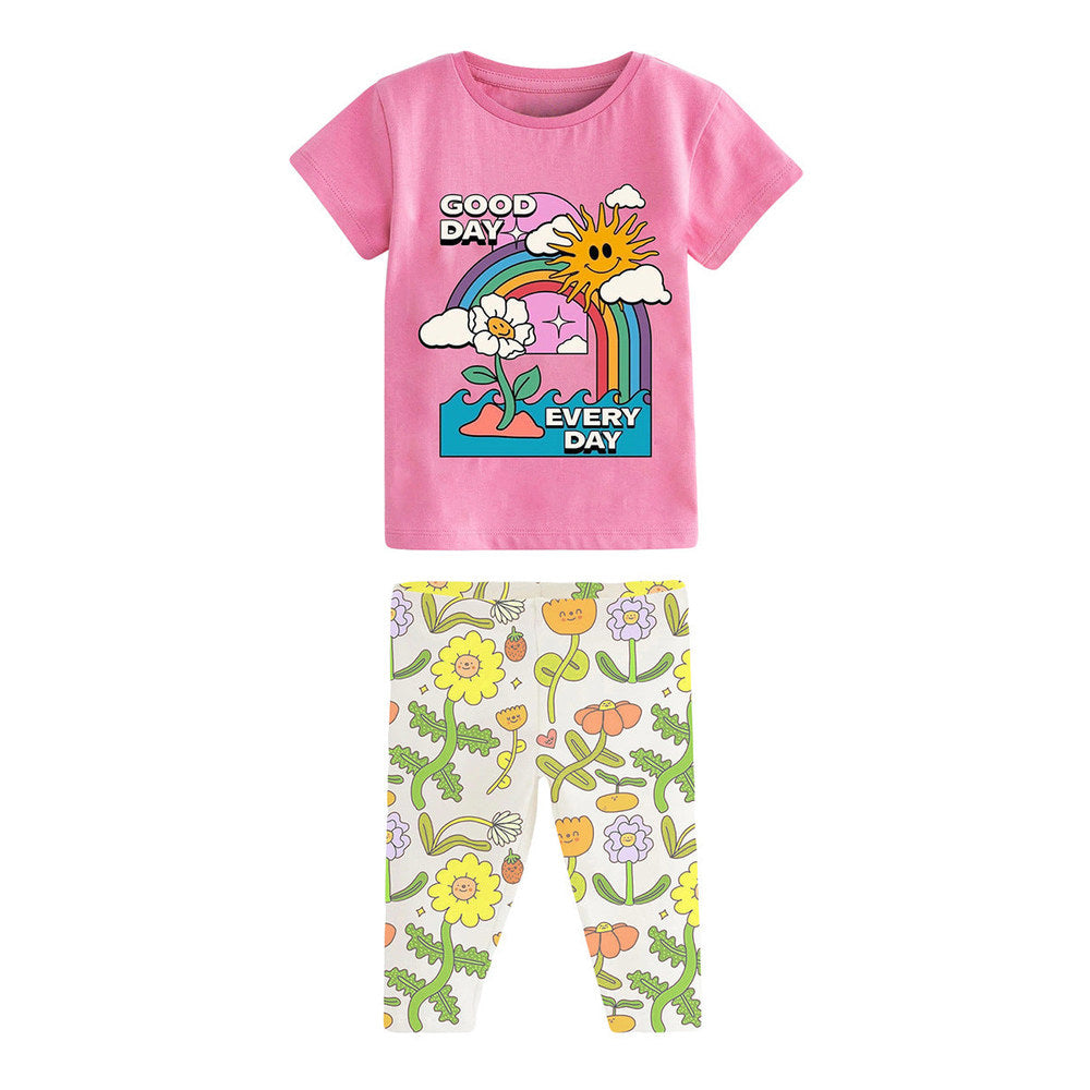 MyKids-USA® Girls Sunny Day Cartoon T-Shirt And Floral Capri Pants Set