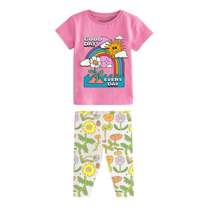 MyKids-USA® Girls Sunny Day Cartoon T-Shirt And Floral Capri Pants Set