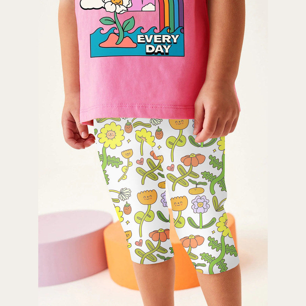 MyKids-USA® Girls Sunny Day Cartoon T-Shirt And Floral Capri Pants Set