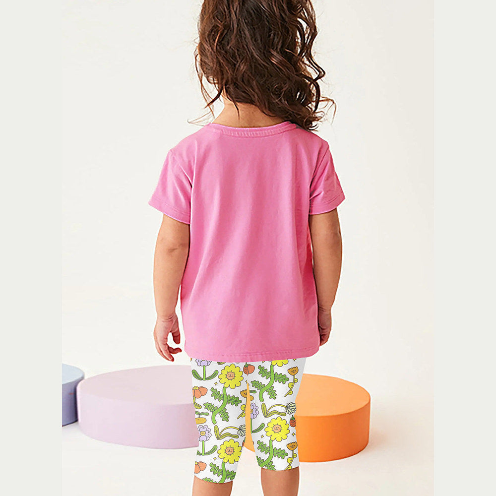 MyKids-USA® Girls Sunny Day Cartoon T-Shirt And Floral Capri Pants Set
