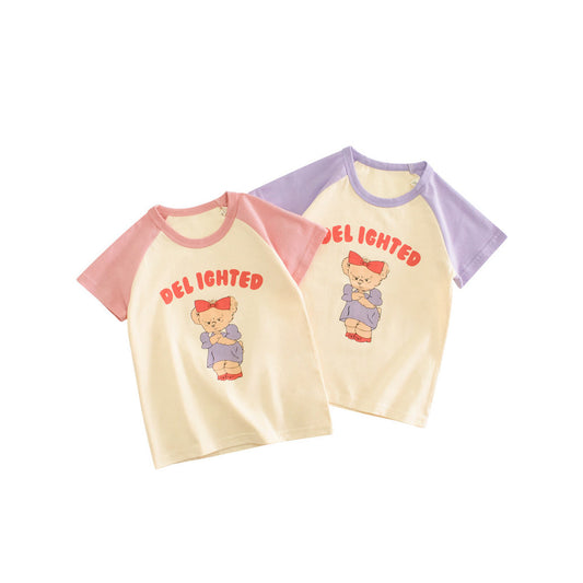MyKids-USA® Angry Bear Printing Girls’ Patchwork T-Shirt For Summer