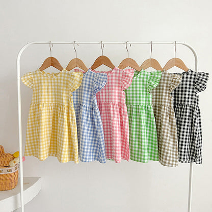 MyKids-USA® Kids Girls Plaid Short Sleeves Princess Dress