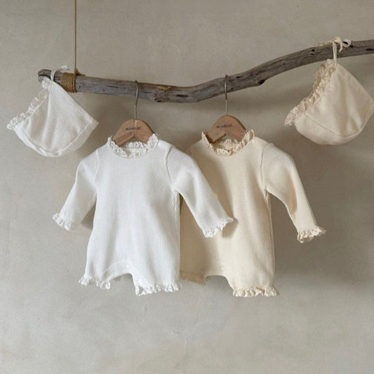 MyKids-USA® Baby Girls Pure Cotton Waffle Design Lace Collar Long Sleeves bodysuit And Hat