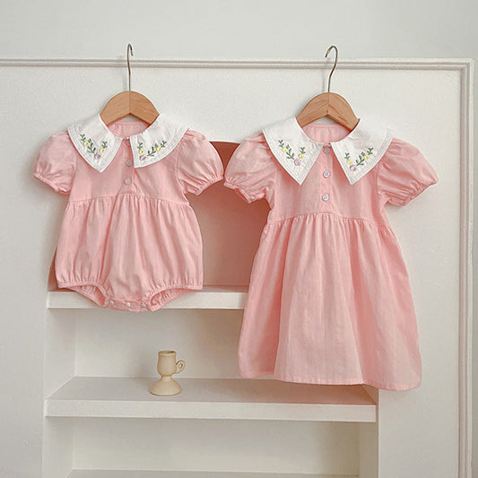 MyKids-USA® Baby Kids Girls Flowers Embroidery Collar bodysuit And Girls’ Dress – Princess Sister Matching Set