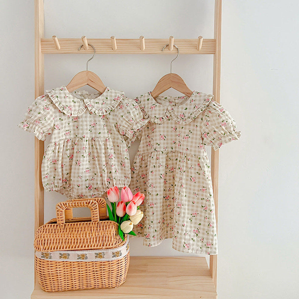 MyKids-USA® Baby Kids Girls Floral Plaid bodysuit And Girls’ Dress – Princess Sister Matching Set