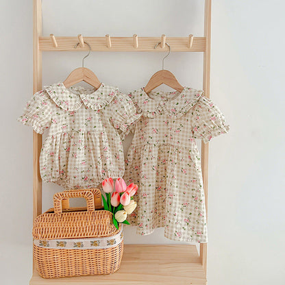 MyKids-USA® Baby Kids Girls Floral Plaid bodysuit And Girls’ Dress – Princess Sister Matching Set