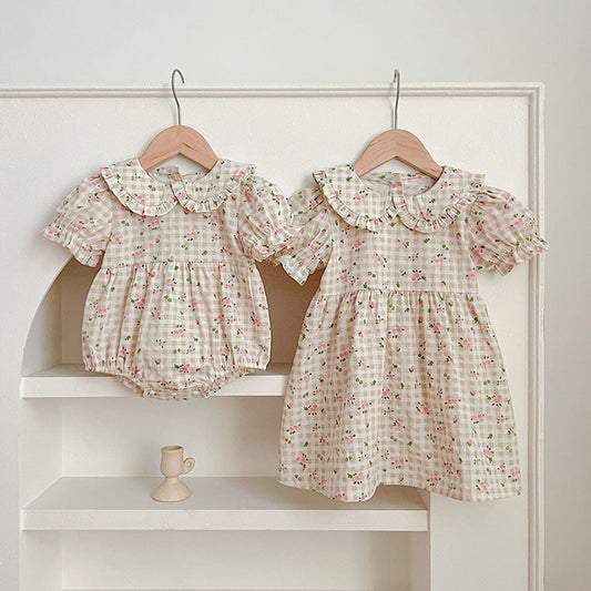 MyKids-USA® Baby Kids Girls Floral Plaid bodysuit And Girls’ Dress – Princess Sister Matching Set