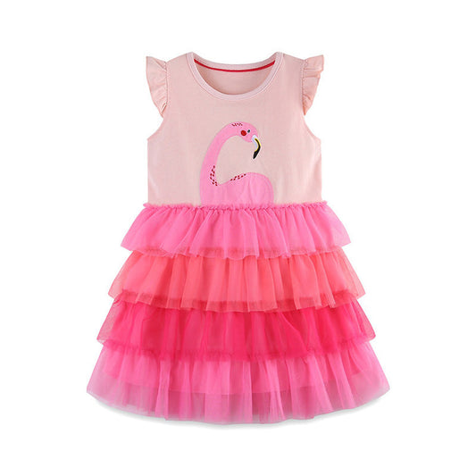 MyKids-USA® Girls Summer Cartoon Applique Sleeveless Gradient Mesh Design Dress