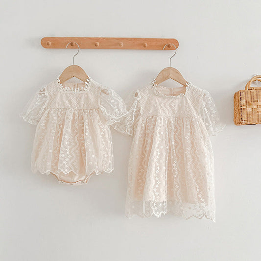 MyKids-USA® Girls Lace Mesh Square Neck bodysuit And Girls’ Dress – Princess Sister Matching Set