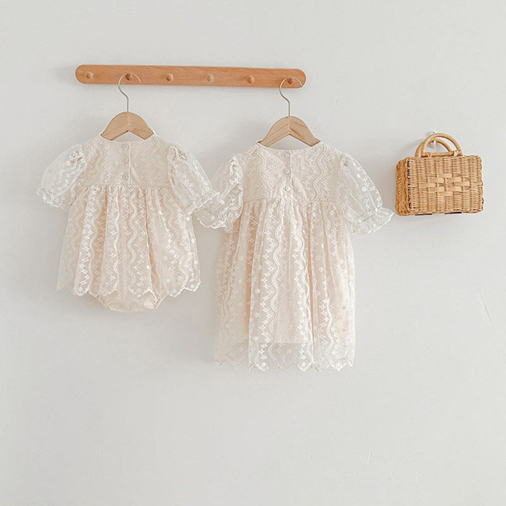 MyKids-USA® Girls Lace Mesh Square Neck bodysuit And Girls’ Dress – Princess Sister Matching Set