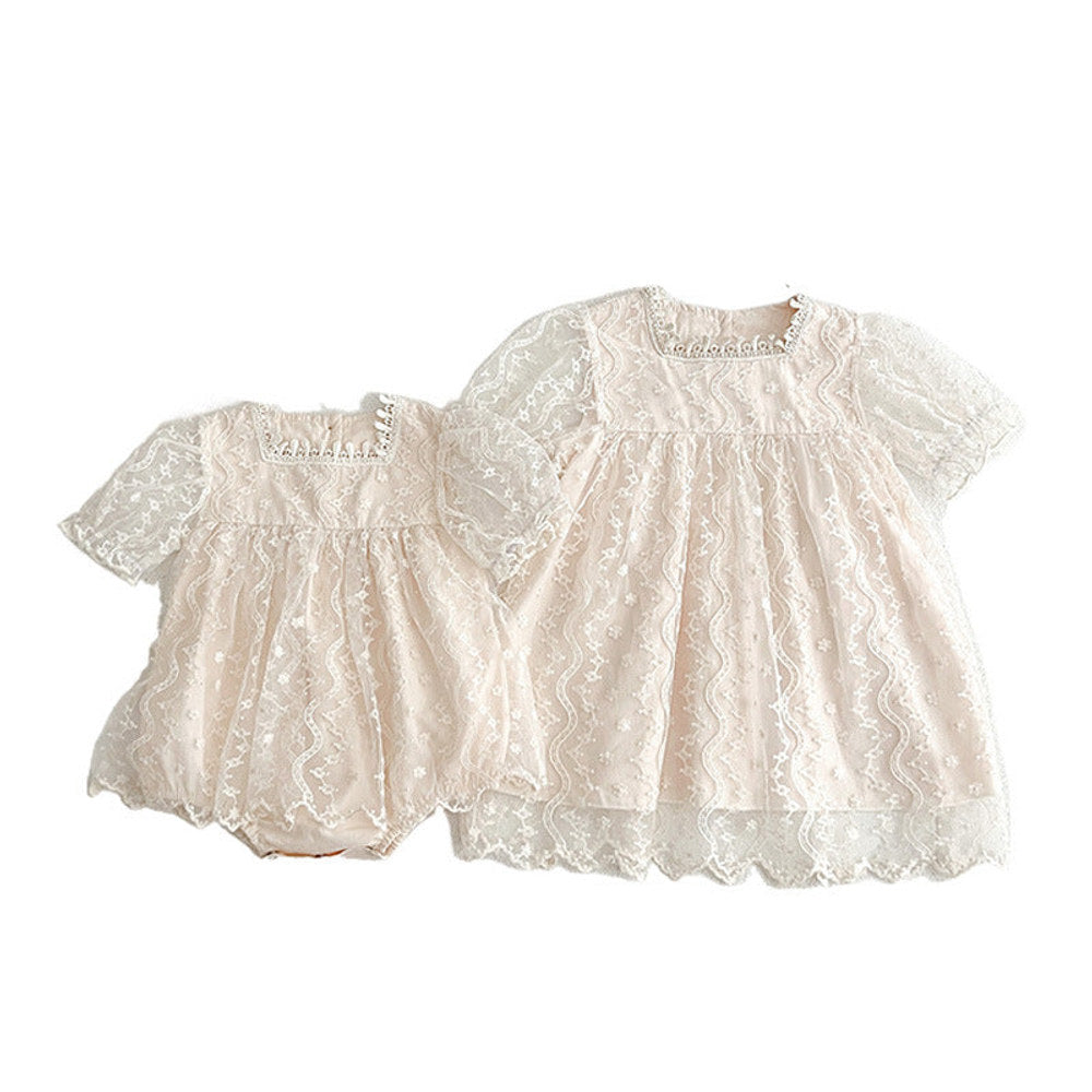 MyKids-USA® Girls Lace Mesh Square Neck bodysuit And Girls’ Dress – Princess Sister Matching Set