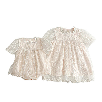 MyKids-USA® Girls Lace Mesh Square Neck bodysuit And Girls’ Dress – Princess Sister Matching Set
