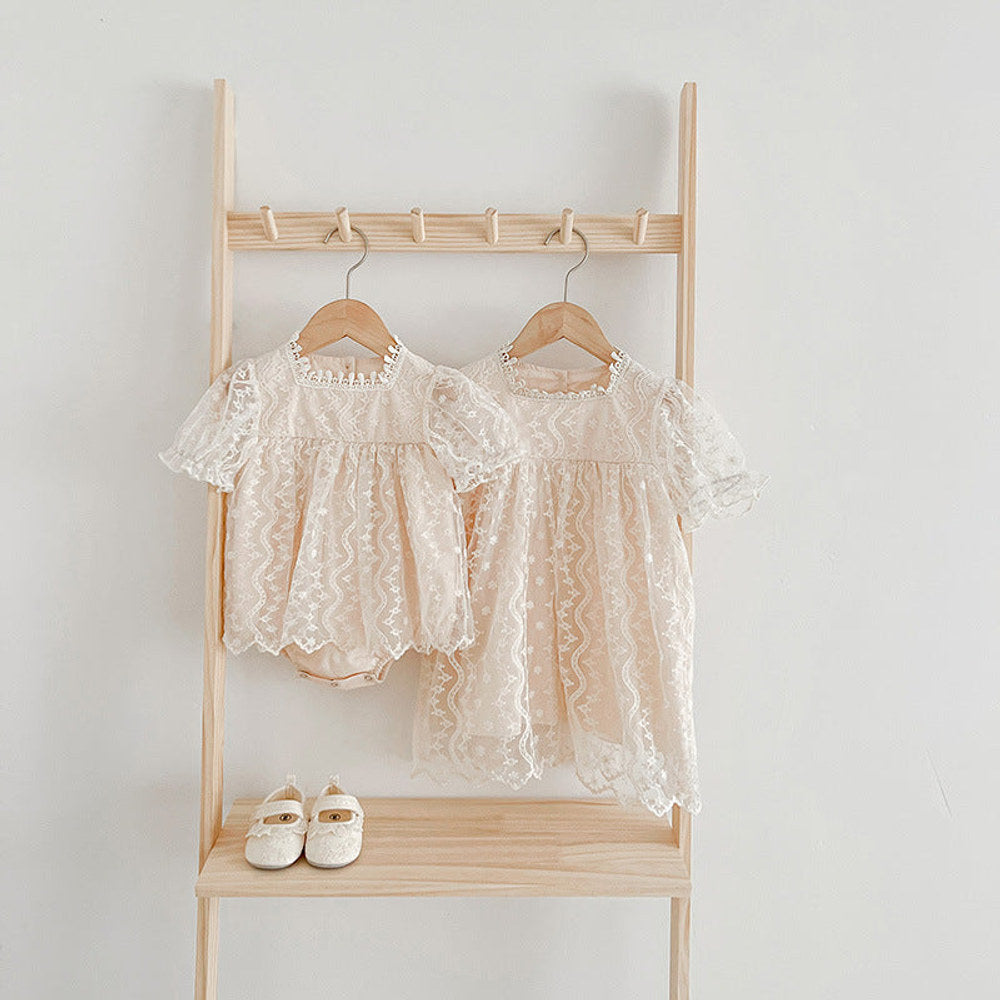 MyKids-USA® Girls Lace Mesh Square Neck bodysuit And Girls’ Dress – Princess Sister Matching Set