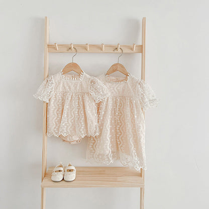 MyKids-USA® Girls Lace Mesh Square Neck bodysuit And Girls’ Dress – Princess Sister Matching Set