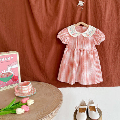 MyKids-USA® Girls Flowers Embroidery Collar Plaid bodysuit And Girls’ Dress – Princess Sister Matching Set